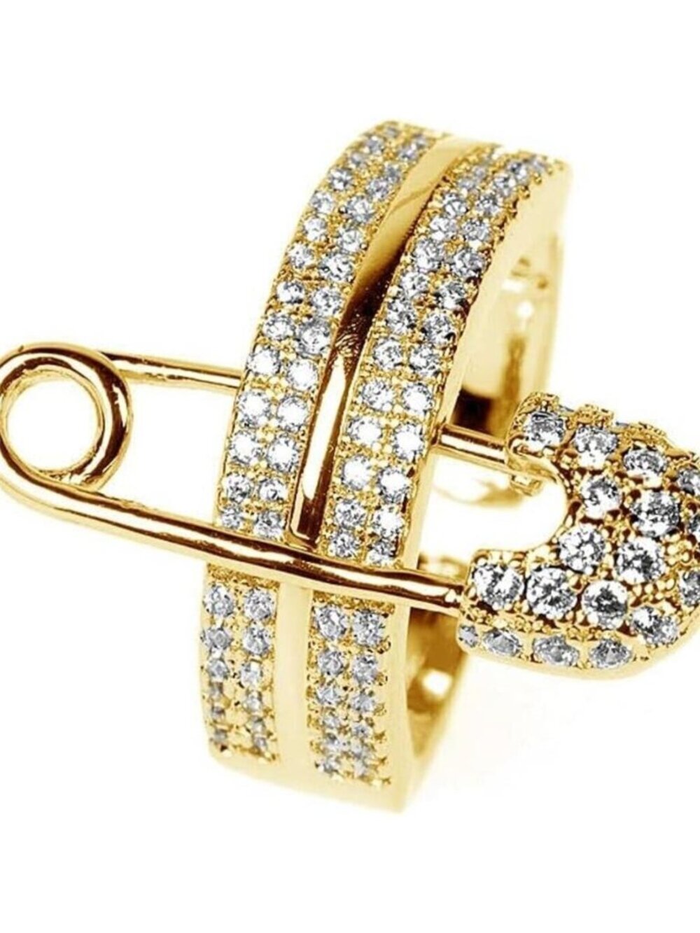Wide Flat CZ Safety Pin Chunky Open Ring Gold Silver Paved Jewelry Women